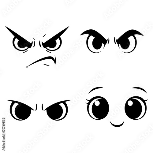 Four sets of cartoon eyes conveying different emotions like anger, sadness, and happiness in a white background