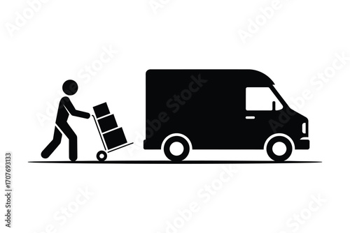 Delivery person pushing a cart of boxes towards a cargo van