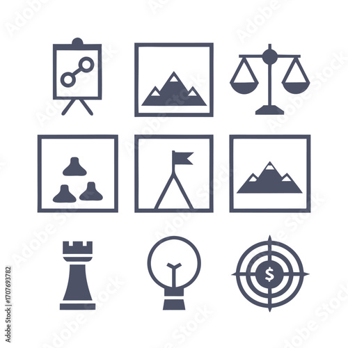Various achievement symbols show board, mountains, balance scale, chess piece, flag, light bulb and target