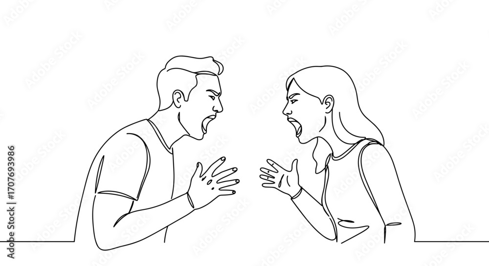 Fototapeta premium Angry couple arguing and shouting at each other in line style, transparent background 