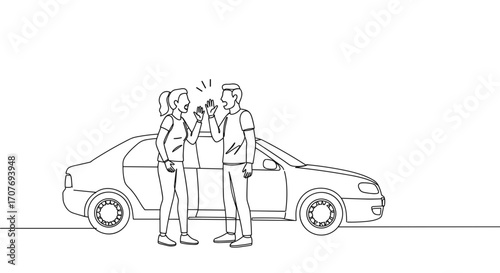 Line drawing of a couple arguing near a parked car on a street  