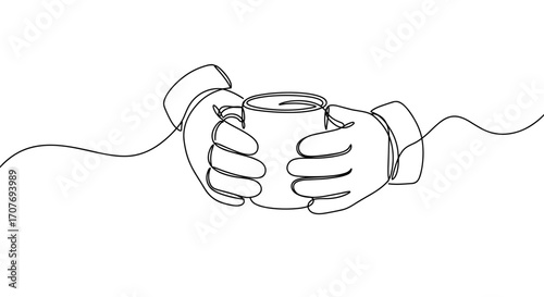 Hands holding a steaming cup of coffee with a cozy attitude in a line art style, transparent background
