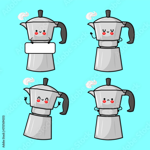 Cute and cartoon moka pot characters with different expressions and steam.