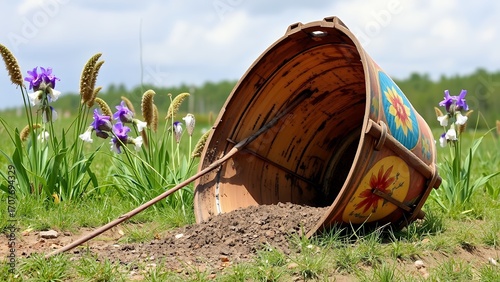 Vintage Bucket Upcycled into Flower Planter in Field