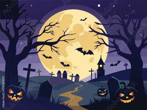 Spooky Halloween Graveyard Background with Full Moon