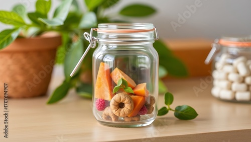 Vibrant Display of Clear Glass Jar with Fresh Fruit on a Countertop