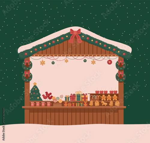 snow, flat vector illustration of holiday stall with ornaments, gingerbread and candies, winter background