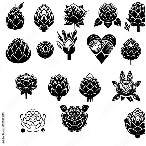 A collection of black and white artichoke illustrations in various styles and orientations shown together