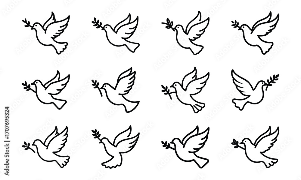 Fototapeta premium Set of bird line icons including dove, eagle, owl, parrot, peacock, and flying birds isolated on white background