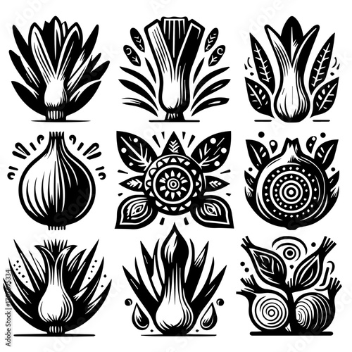 A collection of nine stylized black and white illustrations of various allium plants and vegetables
