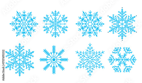 Blue Snowflake Vector Set – Winter Frozen Ice Crystal Decorative Elements