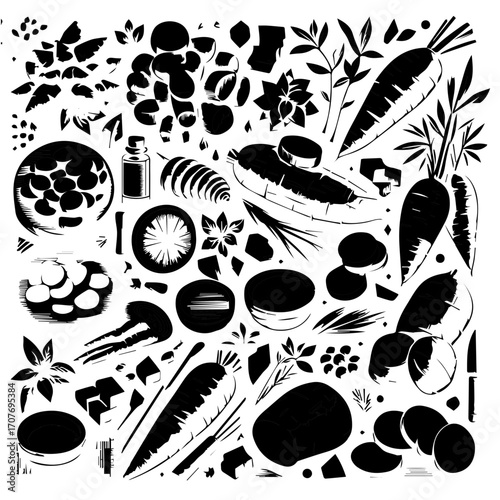A monochrome illustration featuring an assortment of vegetables and culinary ingredients arranged together