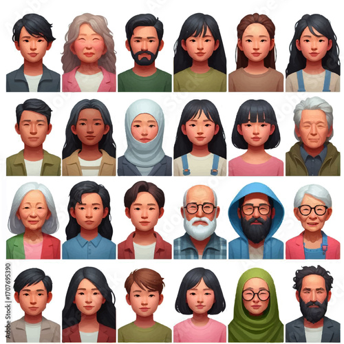 A diverse group of people featuring various ethnicities and age groups displayed in a grid pattern format