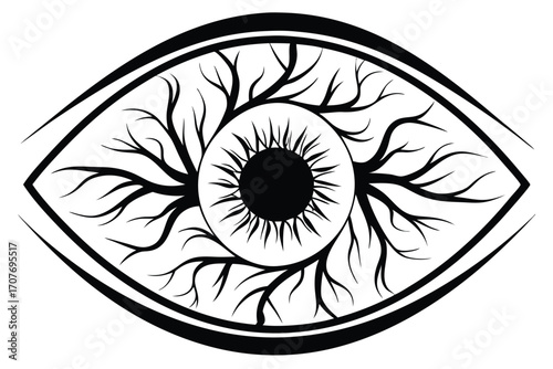 Veins surround a stylized eye in this monochrome with a detailed iris