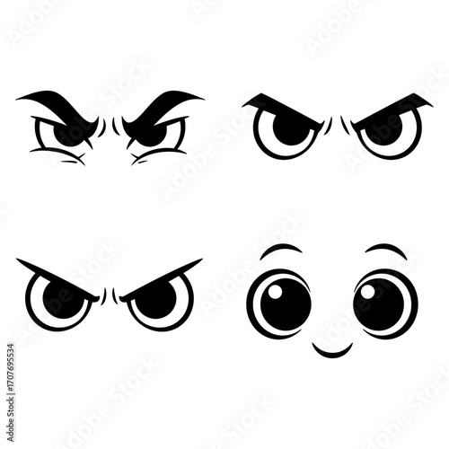 Four illustrations of cartoon eyes expressing different emotions from anger to innocence and surprise