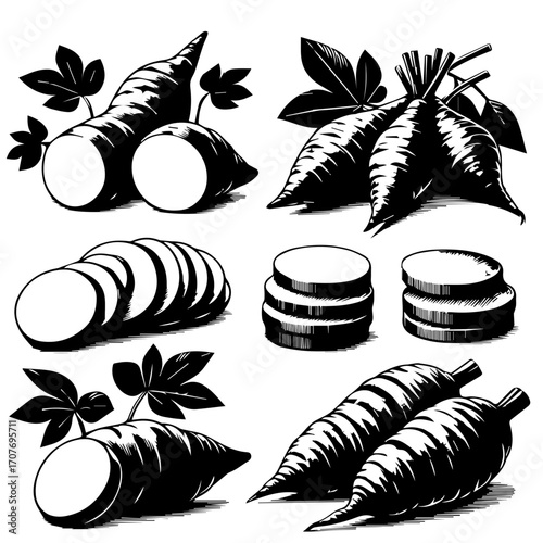 Monochrome illustration featuring various arrangements of cassava roots and their leaves in black and white