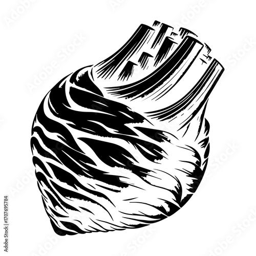 Illustration of an artichoke with a black and white color scheme and a textured brush stroke effect