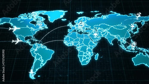 Dynamic digital world map with glowing blue continents, animated flight paths, and airplane icons illustrating global air travel routes on a dark grid background, showcasing international connectivity