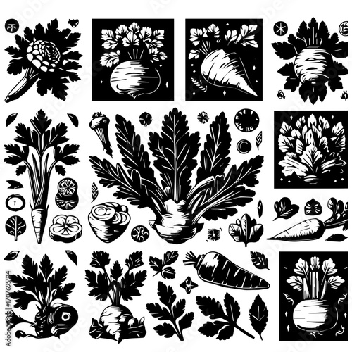 A monochrome illustration featuring an assortment of root vegetables and leafy greens in various arrangements