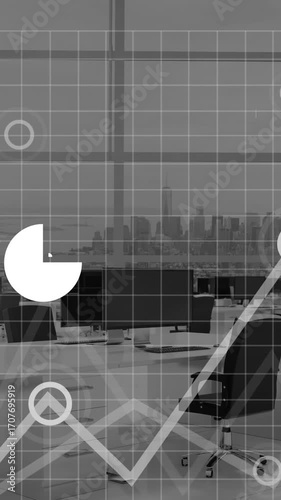Animation of data processing over office desks with computers