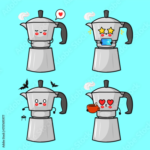 Cute cartoon moka pot with various expressions, perfect for coffee and character art