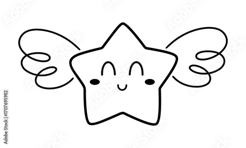 Cartoon star clipart with cute face, isolated black and white celestial  character design. Vector illustration.