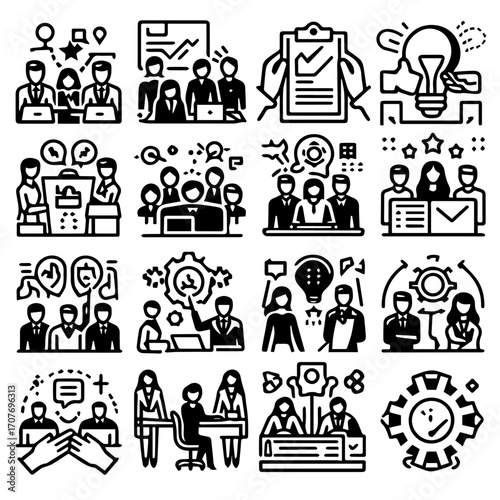 Collection of sixteen business and teamwork icons showing collaboration and problem solving scenarios in black and white