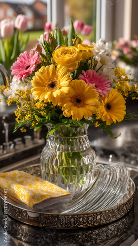 kitchen sink clean dishes garden view blurred.