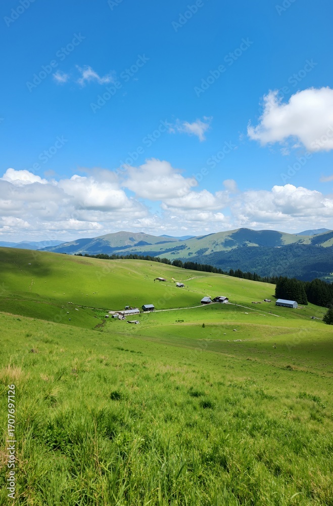 Fototapeta premium A Serene Landscape with Rolling Green Hills and Country Homes