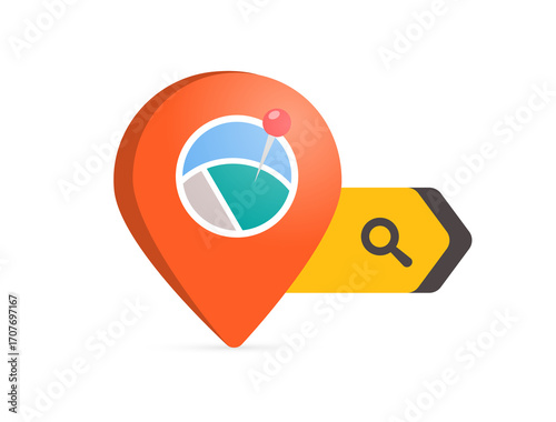 Local Search concept. Orange Map Pin with Search Icon.