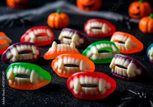Assorted Vibrant Gummy Candies Shaped as Teeth, Dentures, and Vampire Fangs on Dark Background with Mini Pumpkins, Fun Halloween Sweets, Blurred Background