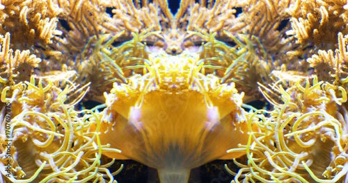 4K cinematic mirrored motion shot of a vibrant sea anemone, creating a surreal symmetrical underwater pattern with glowing golden tentacles.