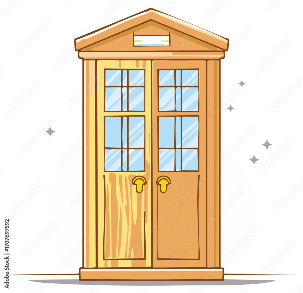 Obraz premium Whimsical cartoon illustration of a magical wooden double door with glowing sparkles