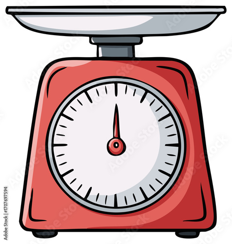 Cartoon illustration of a red kitchen scale with a measuring dial and platform