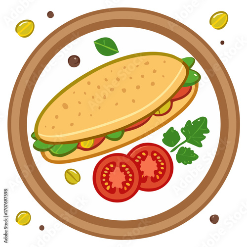 Delicious Sandwich with Fresh Vegetables on Plate, Healthy Meal Illustration
