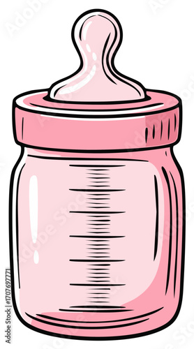Cartoon illustration of a pink baby bottle with milk measuring lines, baby feeding