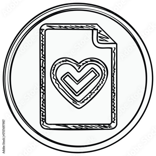 Document with heart and checkmark icon, hand-drawn style