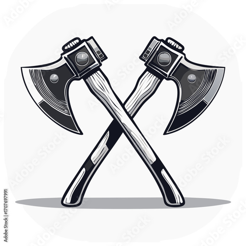 Two crossed battle axes with stylized metal heads and wooden handles