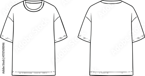 Oversized t-shirt template front and back view, blank apparel mockup, fashion flat sketch, unisex shirt outline for design use