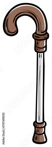 Cartoon drawing of a cane with a brown handle and silver shaft for mobility aid and costume accessory