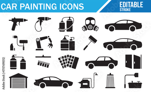 Car painting and auto body repair icons set with spray guns and polish tools