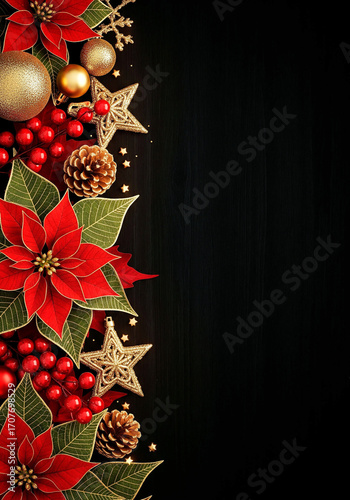 Elegant Christmas border with red poinsettias, gold ornaments, berries, and pine cones on black background for holiday frame designs.