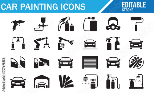 Set of car painting icons with spray guns, masks, polishing tools, paint cans, robotic arms, color palettes, garage, and cars in editable silhouette style for automotive repair, detailing, and worksho