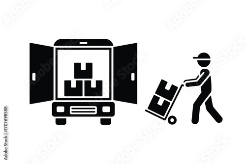 Delivery driver loading boxes into a truck with a hand truck