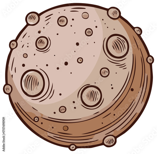 Illustrated planet graphic with craters and brown surface in retro design.