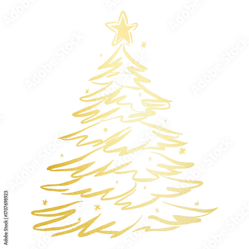 illustration: hand-drawn golden christmas tree isolated on white or transparent png