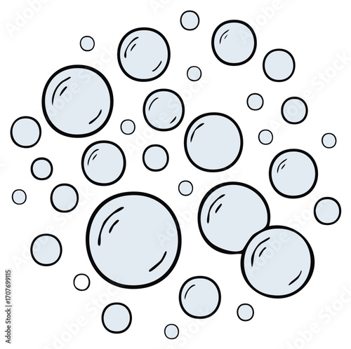 Multiple light blue cartoon bubbles floating, various sizes, simple graphic illustration