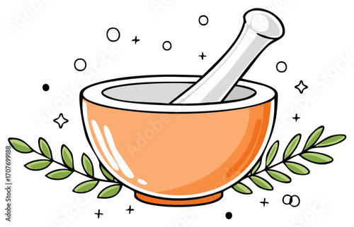 Orange mortar and pestle with leaves and decorative elements illustration