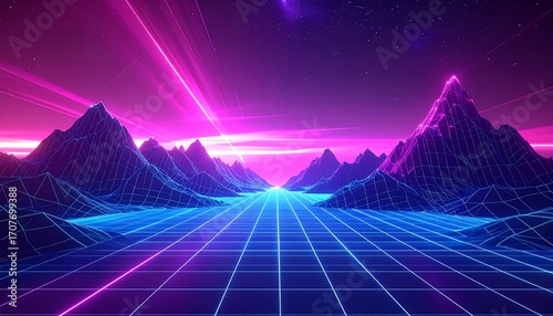 A retro-futuristic digital landscape, showcasing a grid pathway towards distant mountain ranges beneath a starry sky. Vivid hues of blue and pink illuminate the scene