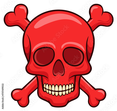 Red Skull and Crossbones Illustration Symbolic Danger Warning of Poison or Pirate Icon Isolated